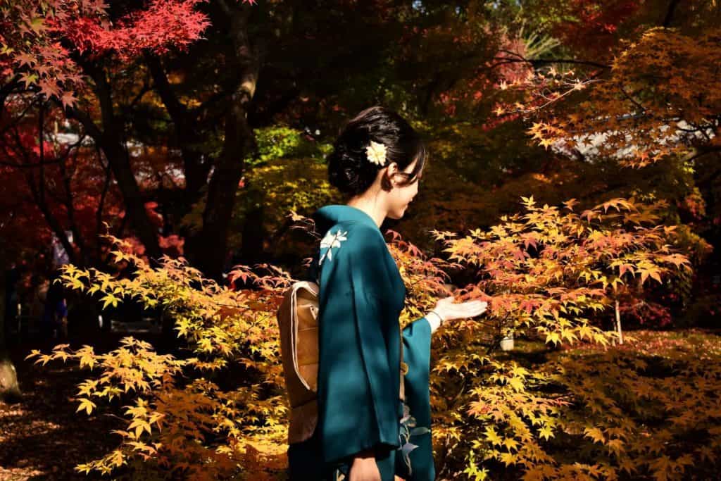 one day itinerary osaka - a lady wearing kimono during autumn season in Osaka 