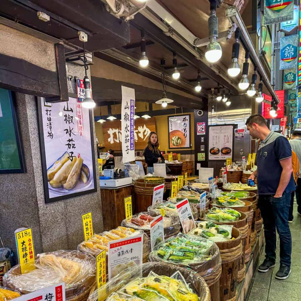 kyoto evening activities - the pickled vegetables store in Nishiki Market at Kyoto