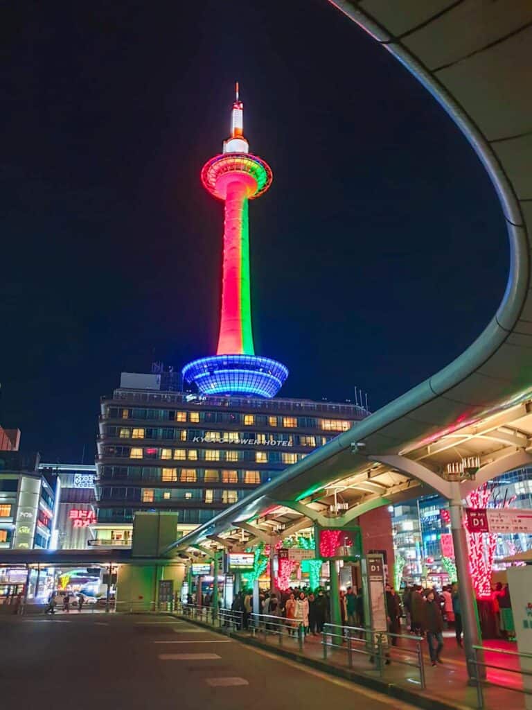 beautiful places in kyoto - Kyoto Tower is colourful at night