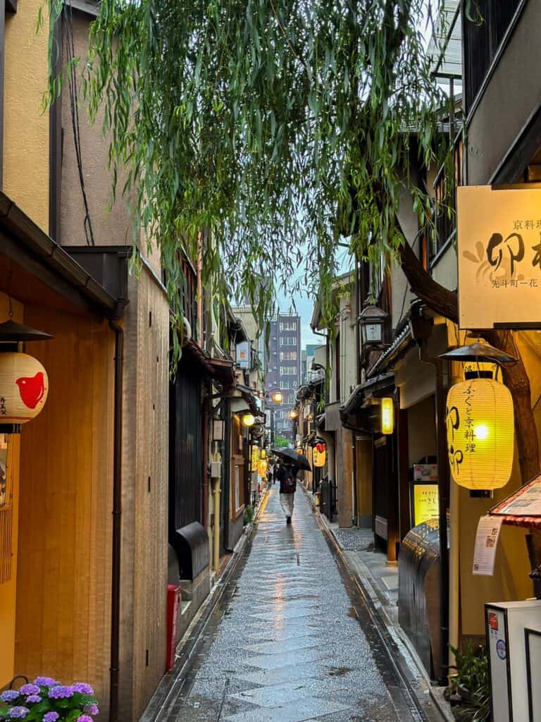 best photo spots Kyoto - a man is walking down the alley while holding an umbrella