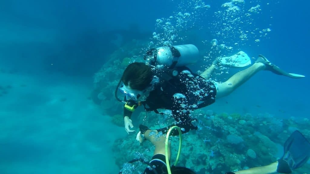 can you scuba dive without knowing how to swim - a guy scuba diving in the sea with the instructor