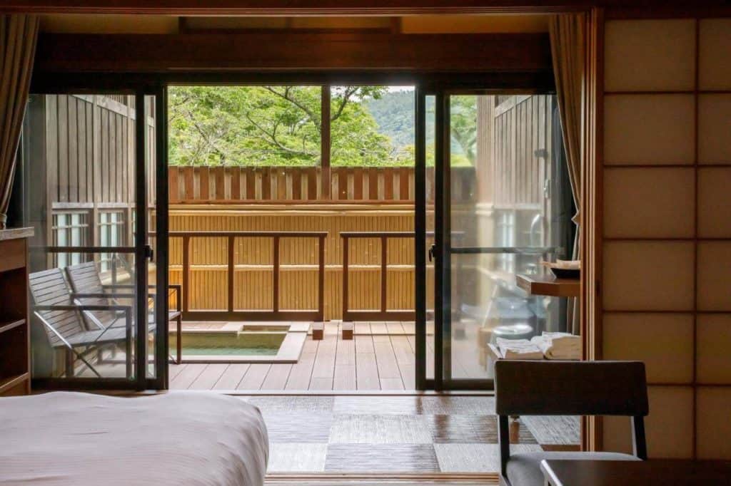 ryokan private onsen hakone - a private open-air bath in one of the rooms at Mikawaya Ryokan