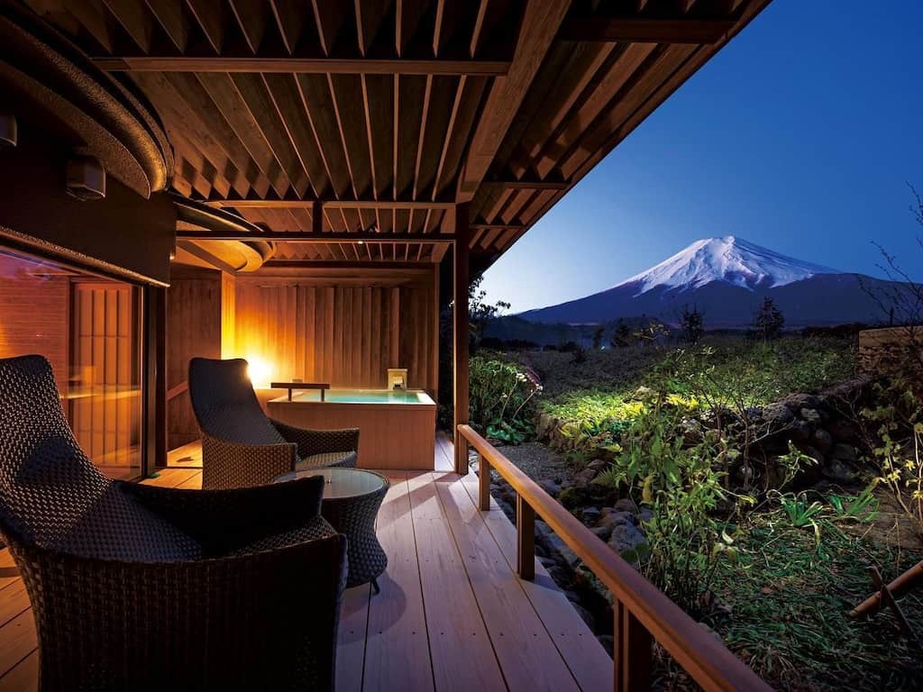 mt fuji onsen hotel - the terrace of one of the spacious rooms in Bessho Sasa overlooking Mt Fuji