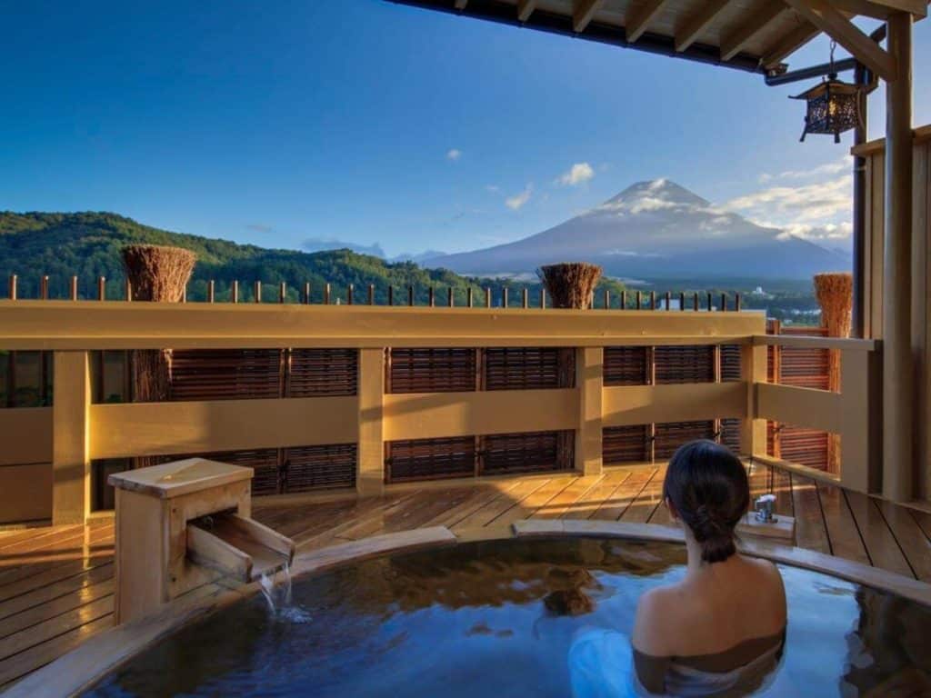 private onsen near mt fuji - open-air bath surrounded with stunning views at Hotel Kaneyamaen