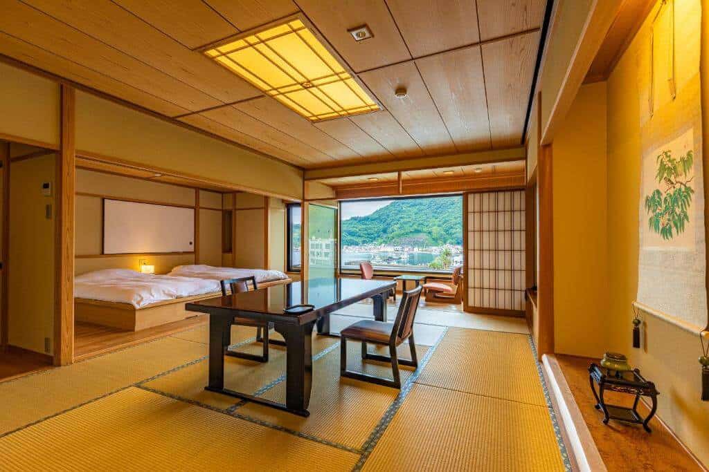 ryokan with private onsen near mt fuji - the separated seating area of one of the traditional rooms at Shotokan Ryokan