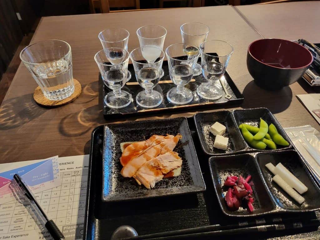 kyoto sake tour  -the side dishes or Japanese otsumami to go with the sake during the sake tour