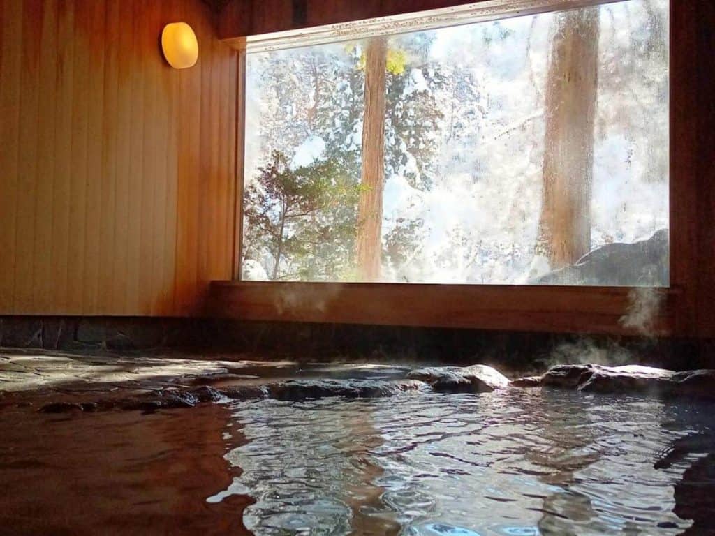 best ryokan with private onsen in takayama - indoor onsen bath with tranquil greenery view in Wanosato 
