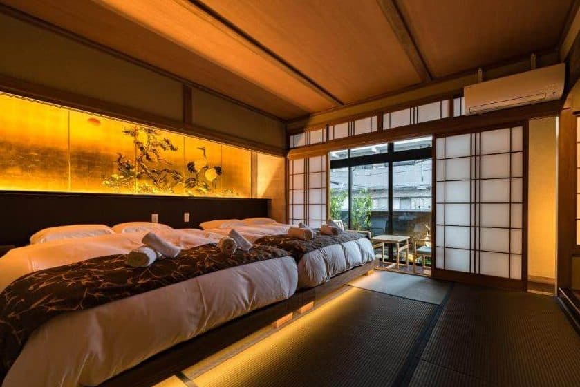 osaka onsen ryokan - one of the bedrooms at Konjaku-So Osaka Castle South with soothing lighting