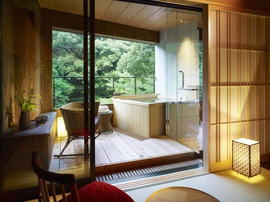 osaka ryokan with private onsen - the open-air bath inside the room at Ryokan Fudoguchikan