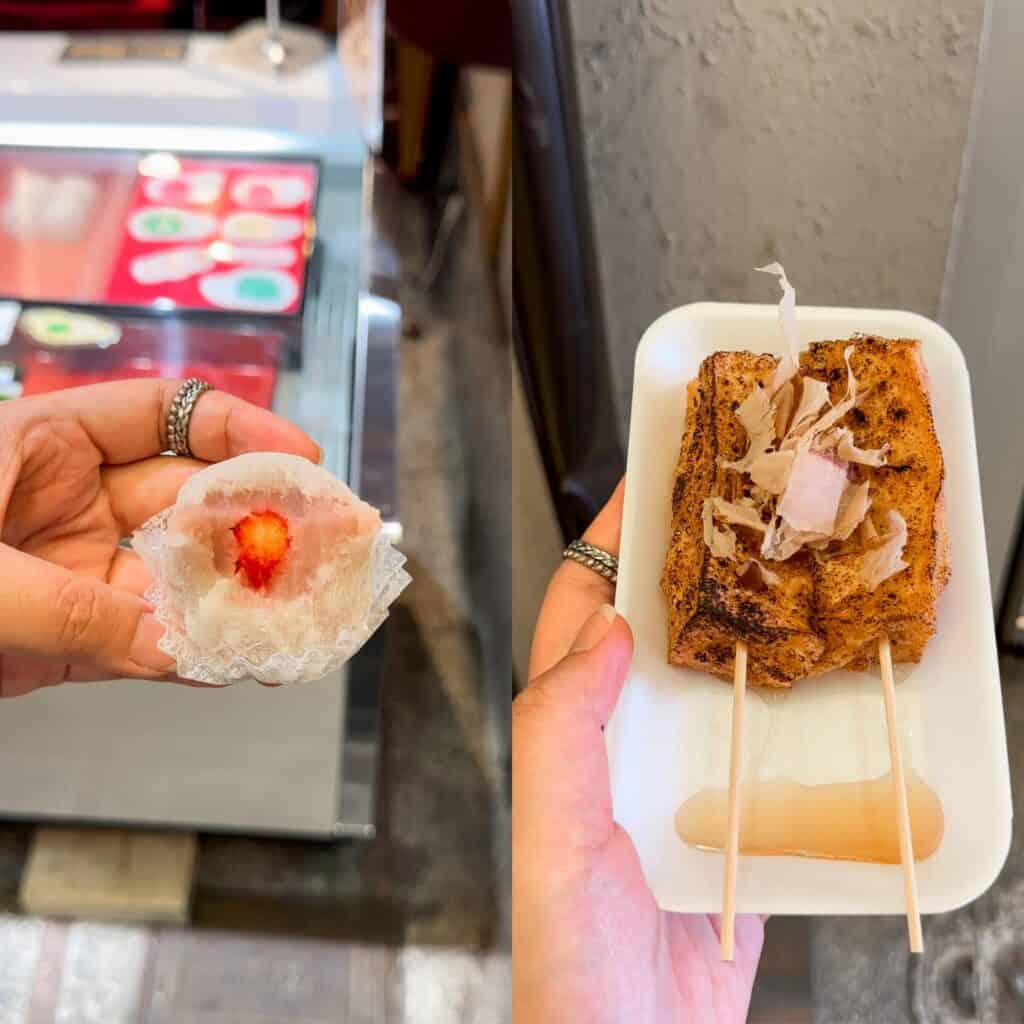 what to do in kyoto at night - strawberry mochi and grilled tofu are some of the local food to try when you are in Kyoto.